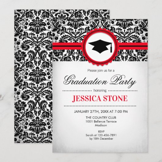 Uitnodiging tot afstuderen - Red Black White Damas (Voorkant / Achterkant)