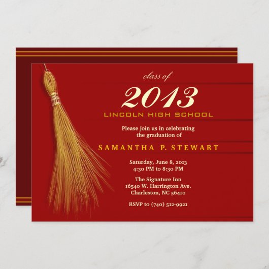 Uitnodiging tot afstuderen - Rood & gouden uitnodi (Voorkant / Achterkant)