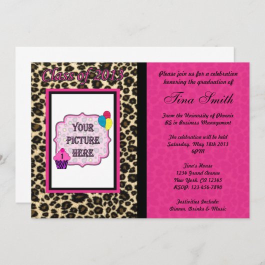 Uitnodiging tot afstuderen - Roze luipaard / Cheet (Voorkant / Achterkant)