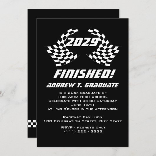 Uitnodiging tot Afstuderen van afgewerkte racevlag (Voorkant / Achterkant)