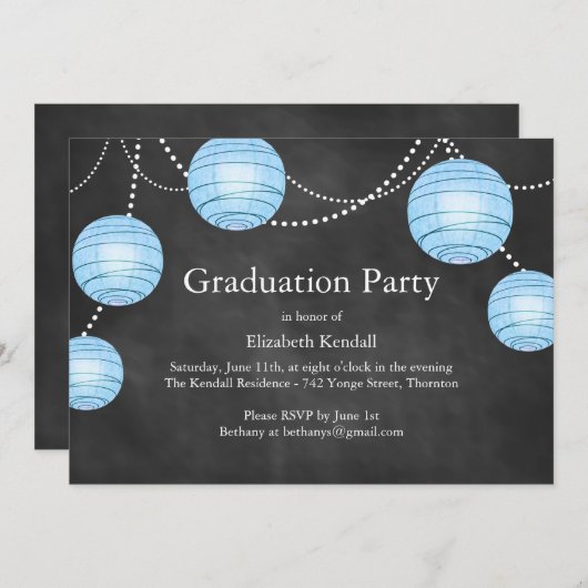 Uitnodiging tot Afstuderen van Chalkboard en Blue (Voorkant / Achterkant)