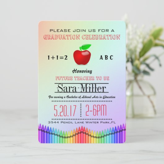 Uitnodiging tot Afstuderen van Crayon en Apple Tea (Staand voorkant)
