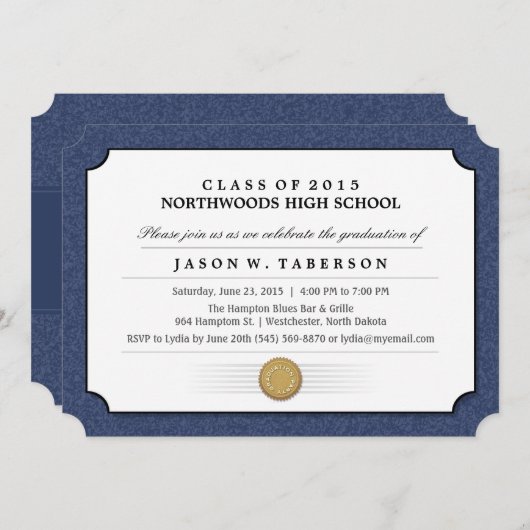 Uitnodiging tot Afstuderen voor marineblauw-grensd (Voorkant / Achterkant)