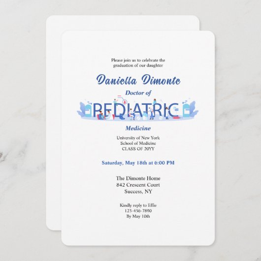 Uitnodiging tot Afstuderen voor pediatrica (Voorkant / Achterkant)