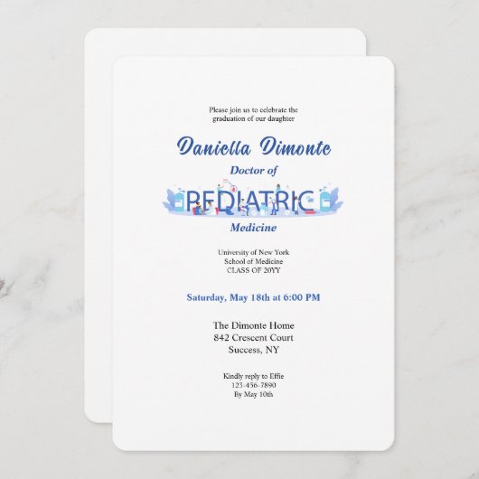 Uitnodiging tot Afstuderen voor pediatrica (Voorkant / Achterkant)