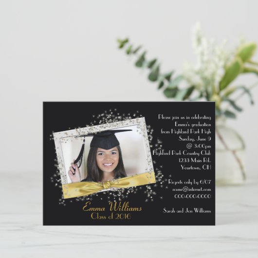 Uitnodiging tot Afstuderen voor zwarte en goudglit (Staand voorkant)