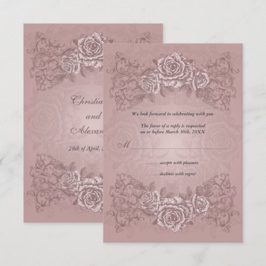 Uitnodiging tot Antiek Mauve Rozen Wedding (Voorkant / Achterkant)