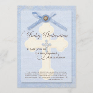 Uitnodiging tot baby - Blauw met kruis en ribbo