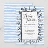 uitnodiging tot baby shower | Blauwe strepen en bl (Voorkant / Achterkant)