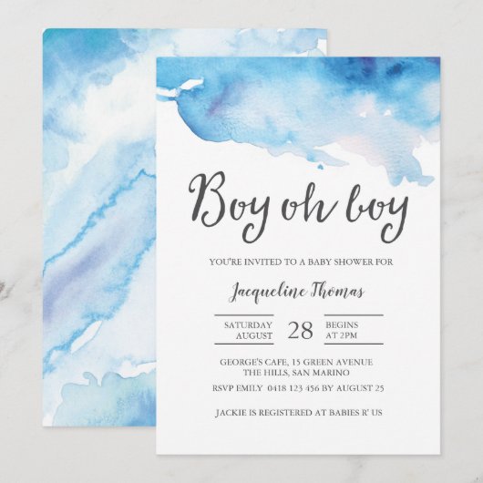 uitnodiging tot baby shower | Boy oh boy aquarel (Voorkant / Achterkant)