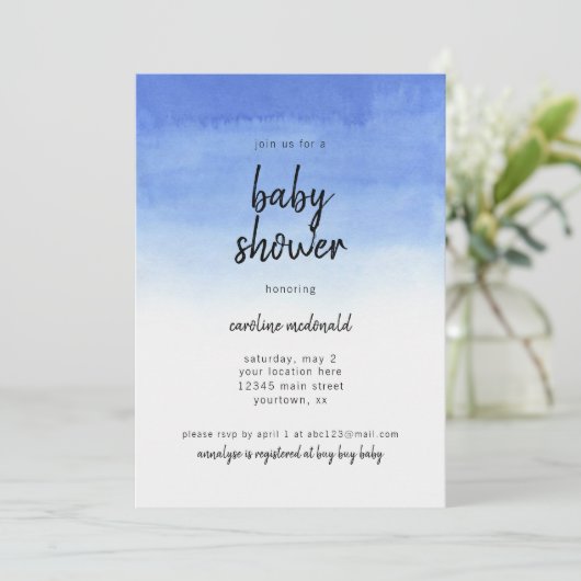 Uitnodiging tot baby shower Eenvoudige Blauwe Ombr (Staand voorkant)