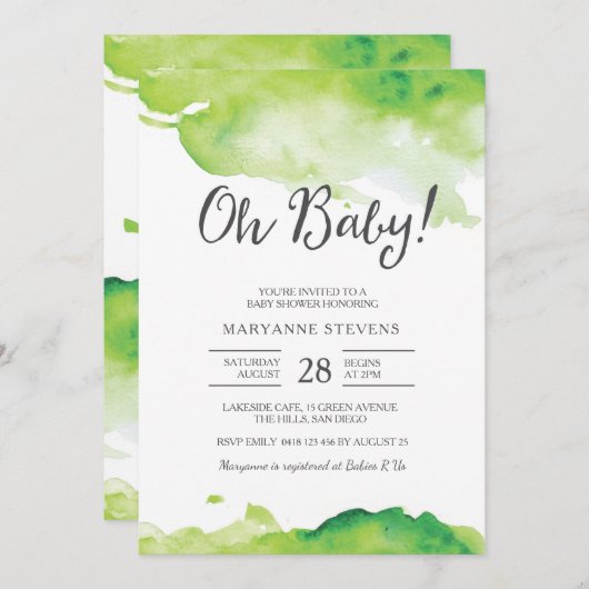 uitnodiging tot baby shower | Groene aquarel (Voorkant / Achterkant)
