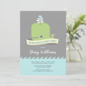 Uitnodiging tot Baby shower Groene walvis (Staand voorkant)