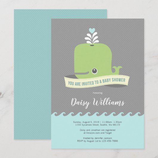 Uitnodiging tot Baby shower Groene walvis (Voorkant / Achterkant)