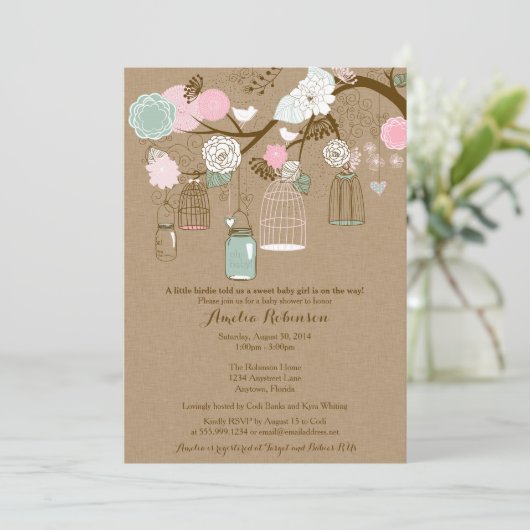 Uitnodiging tot baby shower - Hangende kooien en p (Staand voorkant)