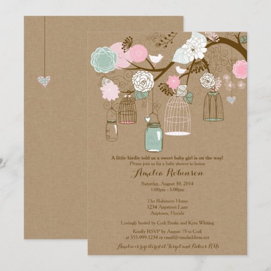 Uitnodiging tot baby shower - Hangende kooien en p (Voorkant / Achterkant)