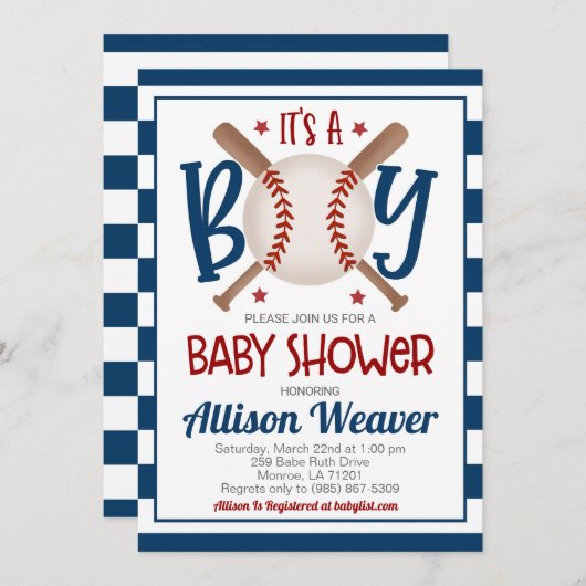 Uitnodiging tot Baby shower honkbal (Voorkant / Achterkant)