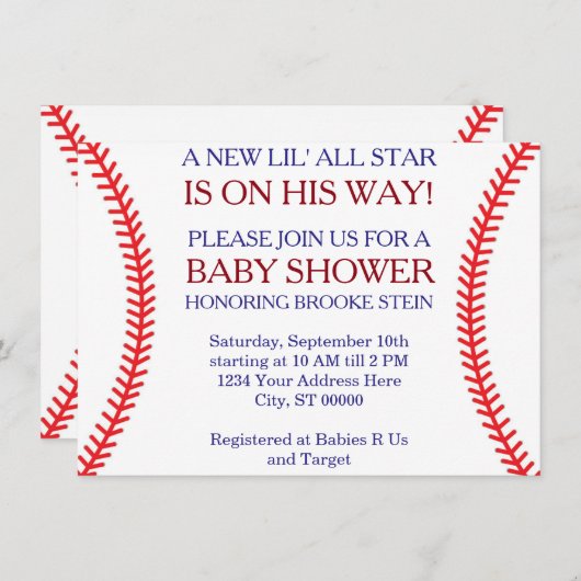 Uitnodiging tot Baby shower honkbal (Voorkant / Achterkant)