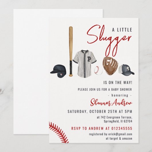 Uitnodiging tot Baby shower honkbal (Voorkant / Achterkant)