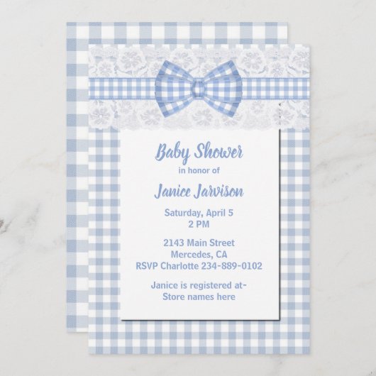 Uitnodiging tot Baby shower in Gingham en Lace Cou (Voorkant / Achterkant)