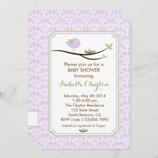 Uitnodiging tot baby shower in Lavender en Groen (Voorkant / Achterkant)