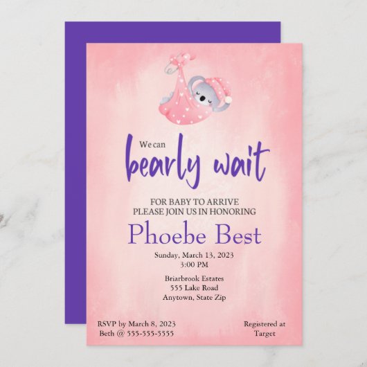 Uitnodiging tot Baby shower Koala beer (Voorkant / Achterkant)