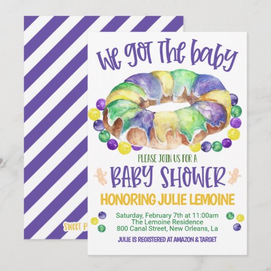 Uitnodiging tot Baby shower Mardi Gras (Voorkant / Achterkant)