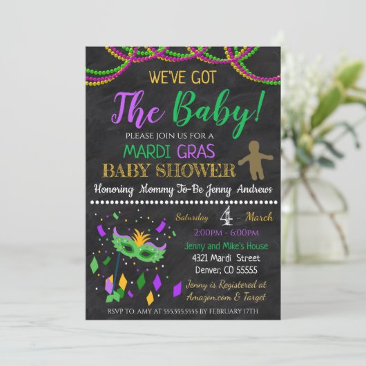 Uitnodiging tot Baby shower Mardi Gras (Staand voorkant)