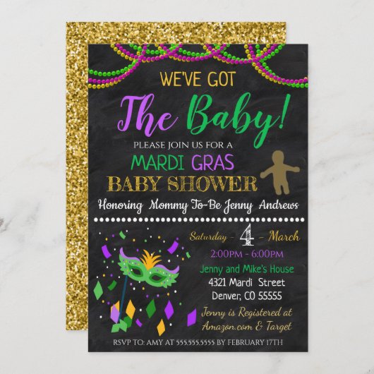 Uitnodiging tot Baby shower Mardi Gras (Voorkant / Achterkant)