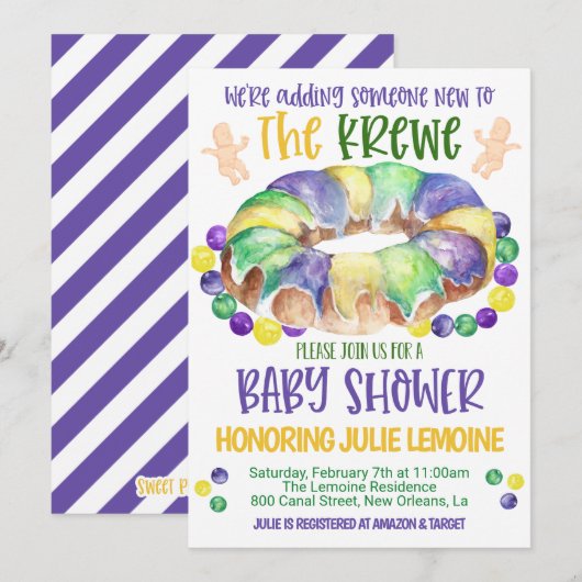 Uitnodiging tot Baby shower Mardi Gras (Voorkant / Achterkant)