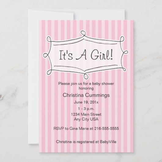 Uitnodiging tot Baby shower met fijne streep (roze (Voorkant)