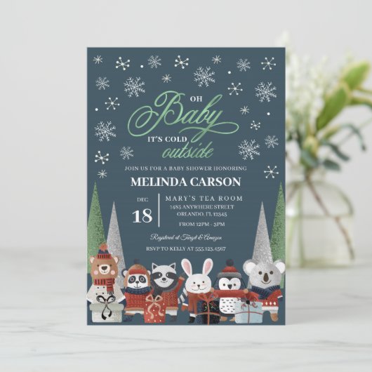 Uitnodiging tot Baby shower met kerstbos (Staand voorkant)