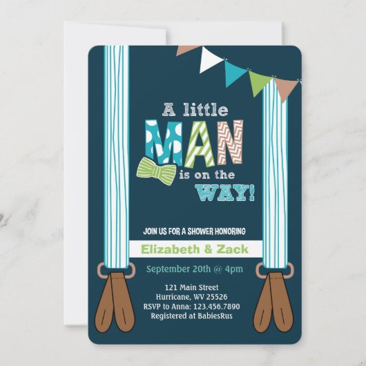 Uitnodiging tot Baby shower met kleine Man Suspend (Voorkant)