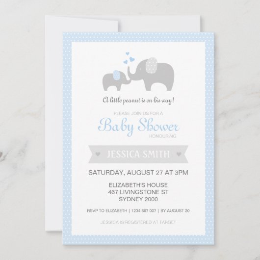 Uitnodiging tot Baby shower met olifant - blauw (Voorkant)