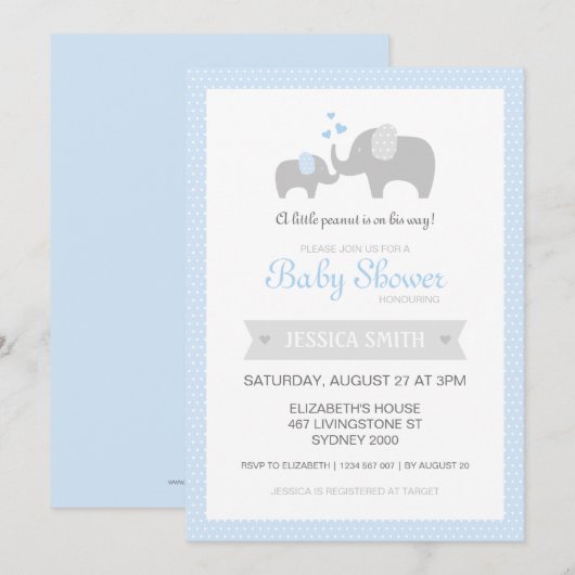 Uitnodiging tot Baby shower met olifant - blauw (Voorkant / Achterkant)