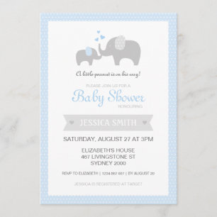 Uitnodiging tot Baby shower met olifant - blauw