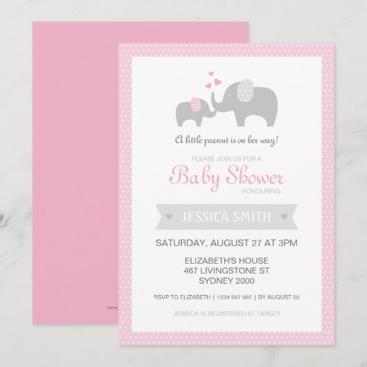 Uitnodiging tot Baby shower met olifant - Roze (Voorkant / Achterkant)