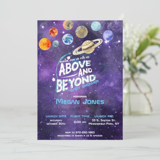 Uitnodiging tot Baby shower met ruimtevaarttechnol (Staand voorkant)