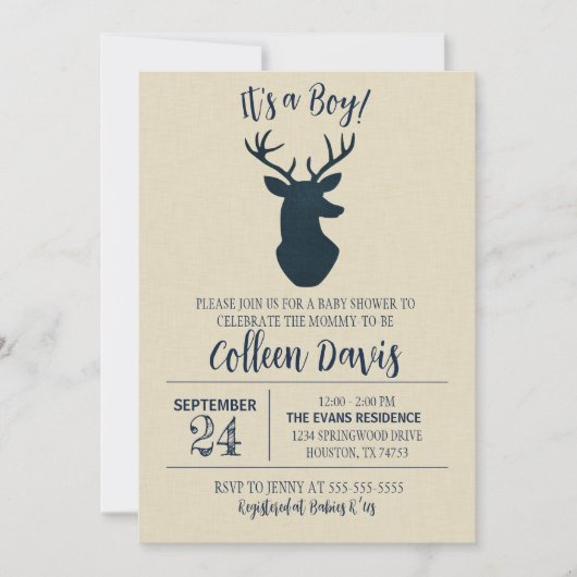 Uitnodiging tot Baby shower Navy Deer (Voorkant)