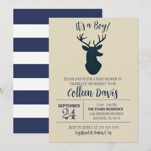 Uitnodiging tot Baby shower Navy Deer (Voorkant / Achterkant)