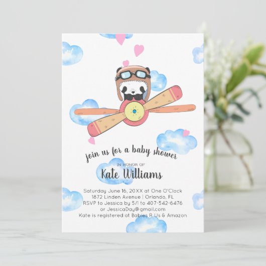 Uitnodiging tot Baby shower Panda Pilot (Staand voorkant)