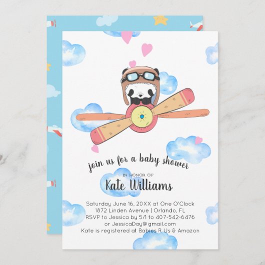 Uitnodiging tot Baby shower Panda Pilot (Voorkant / Achterkant)