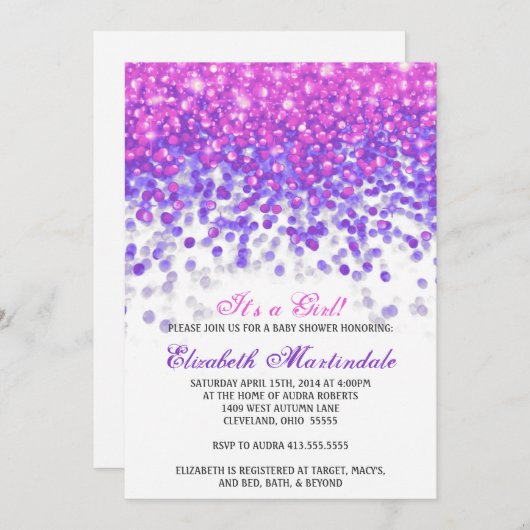 uitnodiging tot baby shower | Roze en Paarse glitt (Voorkant / Achterkant)