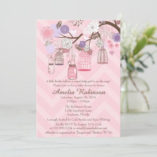 Uitnodiging tot baby shower - Roze Paarse kooien e (Staand voorkant)