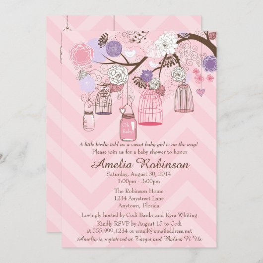 Uitnodiging tot baby shower - Roze Paarse kooien e (Voorkant / Achterkant)