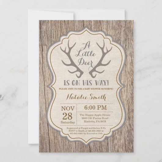 Uitnodiging tot Baby shower Rustic Deer Antler (Voorkant)