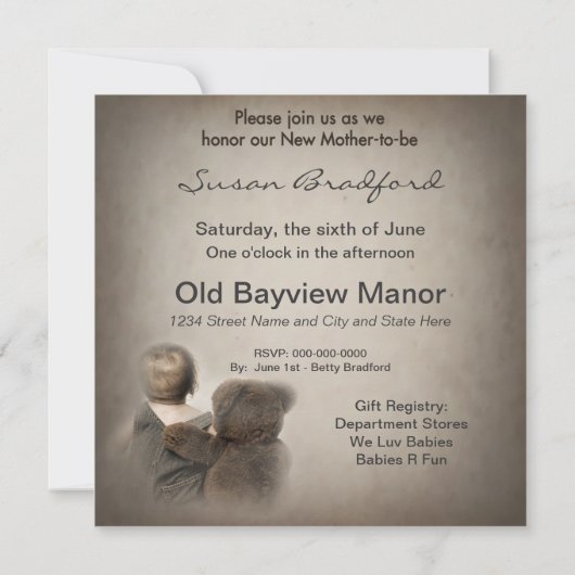 Uitnodiging tot baby shower - Teddy Bear en Baby (Achterkant)