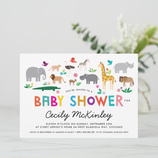 Uitnodiging tot Baby shower van Afrikaanse dieren (Staand voorkant)