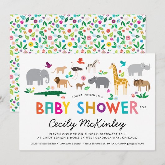 Uitnodiging tot Baby shower van Afrikaanse dieren (Voorkant / Achterkant)