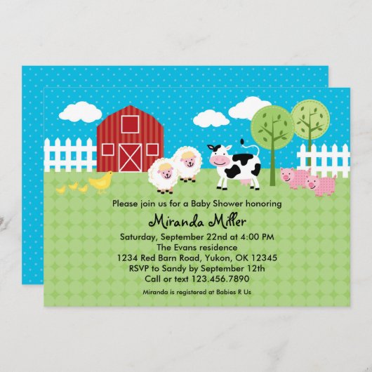 Uitnodiging tot Baby shower van Barn Animals (Voorkant / Achterkant)